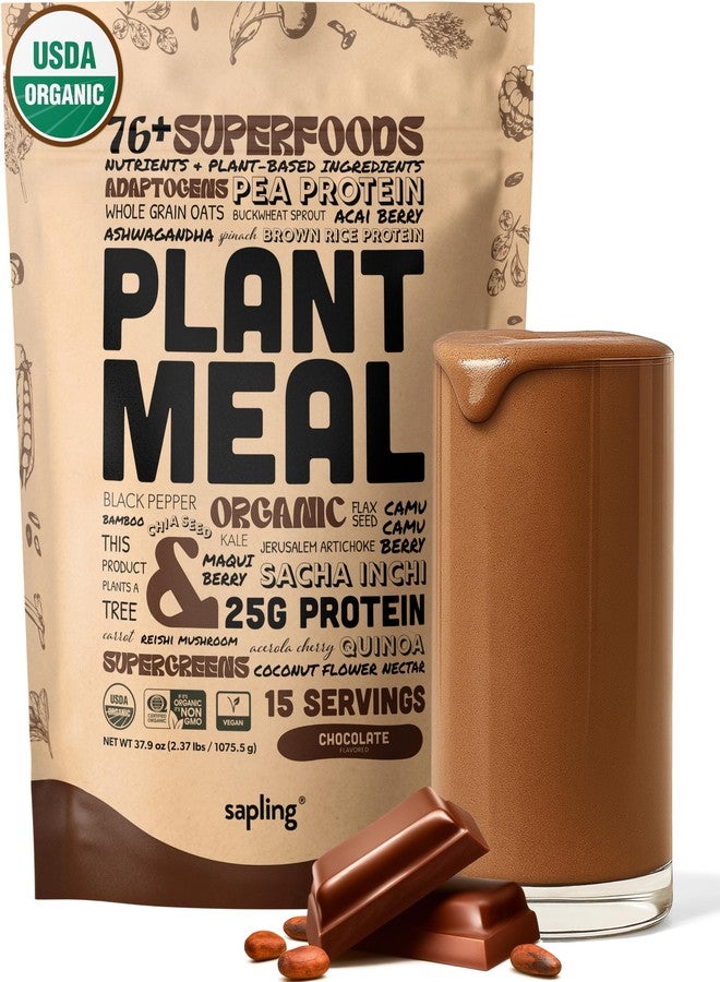 sapling Plant Meal Replacement Shake - Chocolate - 25g of Plant Based Vegan Protein Powder, 76+ Organic Superfoods, Vitamins & Minerals, Mushrooms, Super Greens, Digestive Enzymes & Probiotics - 15 Servings - Image 1