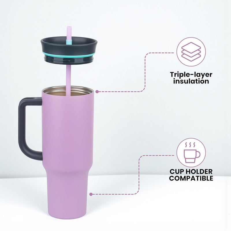KELVEE 40oz Tumbler with Handle and Straw Lid, Reusable Vacuum Insulated Stainless Steel Water Bottle Leakproof Coffee Sipper Mug for Keeping Beverages Hot or Cold,Perfect for Travel (Lavender) - Image 2