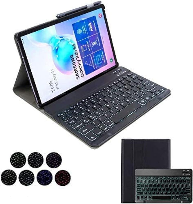 JAMIE Keyboard Leather Case For Galaxy Tab S7 Plus T970/ T975/ T976 2020, 7 Color Backlit Slim Pu Case Wireless Bluetooth Stand Removable Keyboard Shell Cover For 12.4 Inch (Black) - Image 1