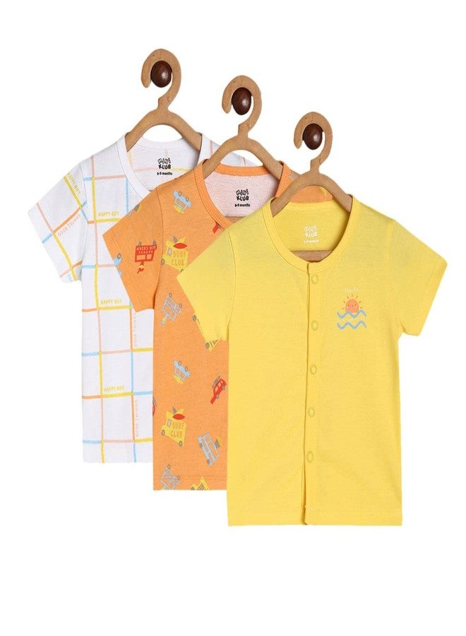 miniklub Baby Short Sleeve Front Open Multi Color Cotton Regular Fit Vest Pack Of 3 (3-6M) - Image 1
