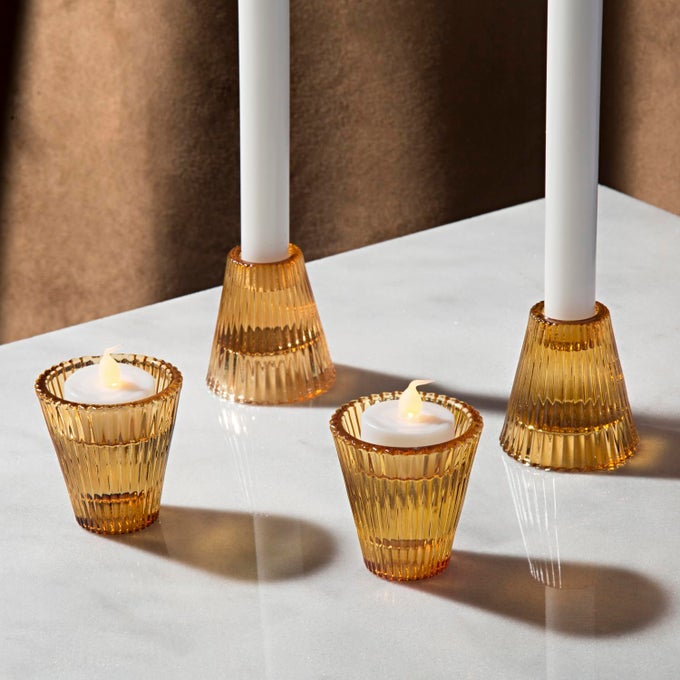 GLASS CANDLE HOLDERS FOR VOTIVE CANDLES 4 PACK 3 INCH AMBER CANDLE HOLDERS REVERSIBLE VOTIVE CANDLESTICK HOLDERS FOR TABLE CENTERPIECES WEDDING HOME DECORATION