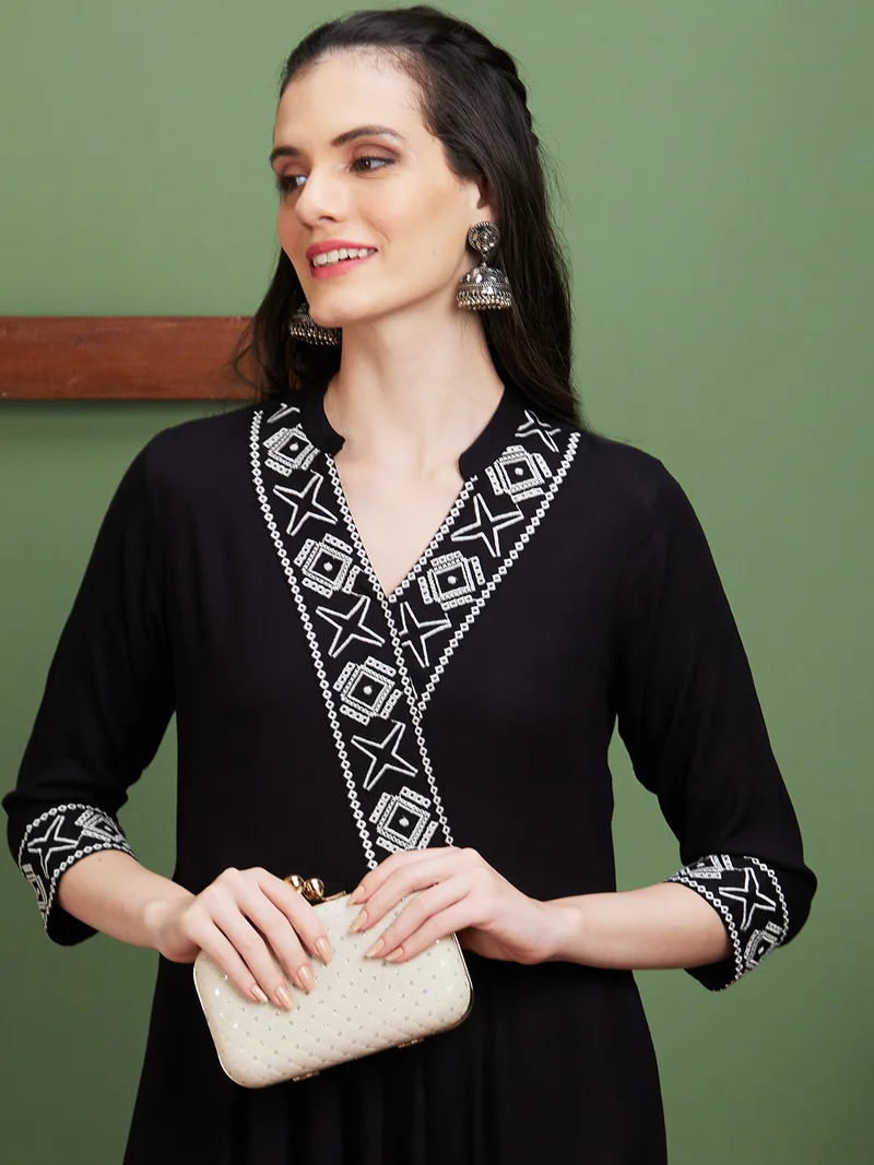 globus Women Black Yoke Design Zari V-Neck A-Line Kurta