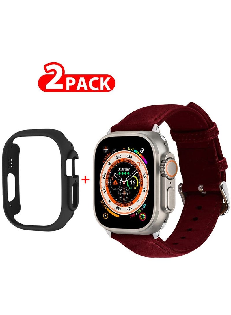 CATANES 2 Packs For Apple Watch Band 49mm Leather Band Buckle Strap Wristband and Black Cup Holder Dark Red - Image 1