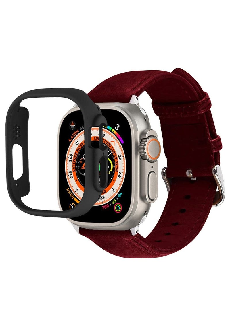 CATANES 2 Packs For Apple Watch Band 49mm Leather Band Buckle Strap Wristband and Black Cup Holder Dark Red - Image 3