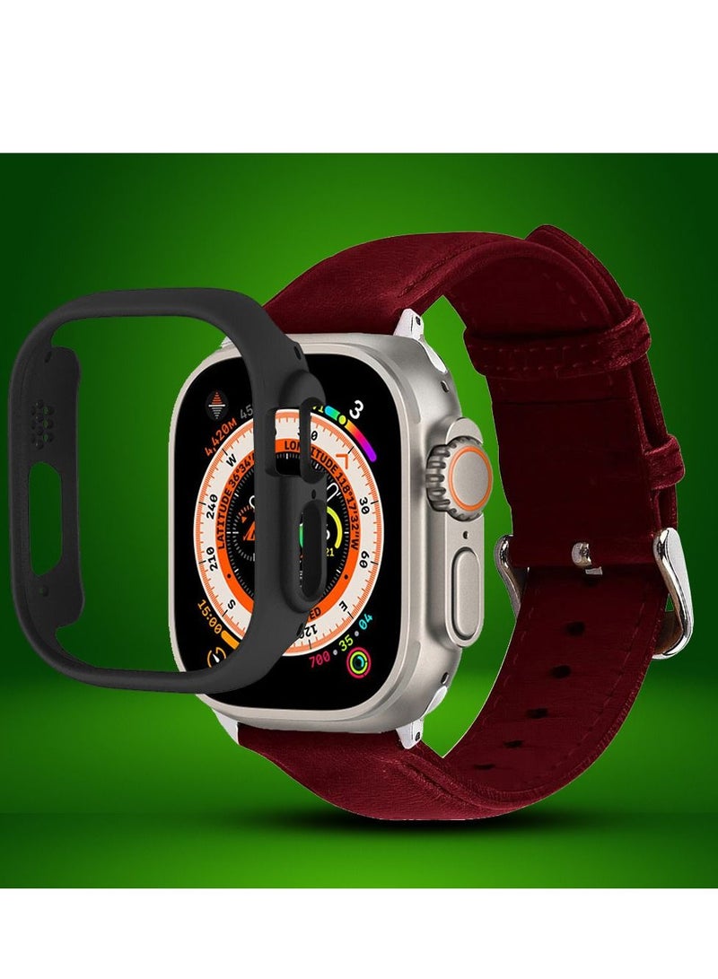 CATANES 2 Packs For Apple Watch Band 49mm Leather Band Buckle Strap Wristband and Black Cup Holder Dark Red - Image 2