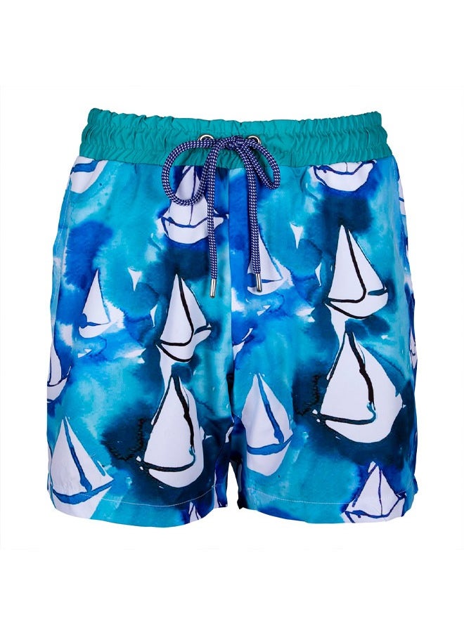 Anemoss - Sailboats Men Swim Shorts with Elastic Drawstring Waistband Small - Image 1