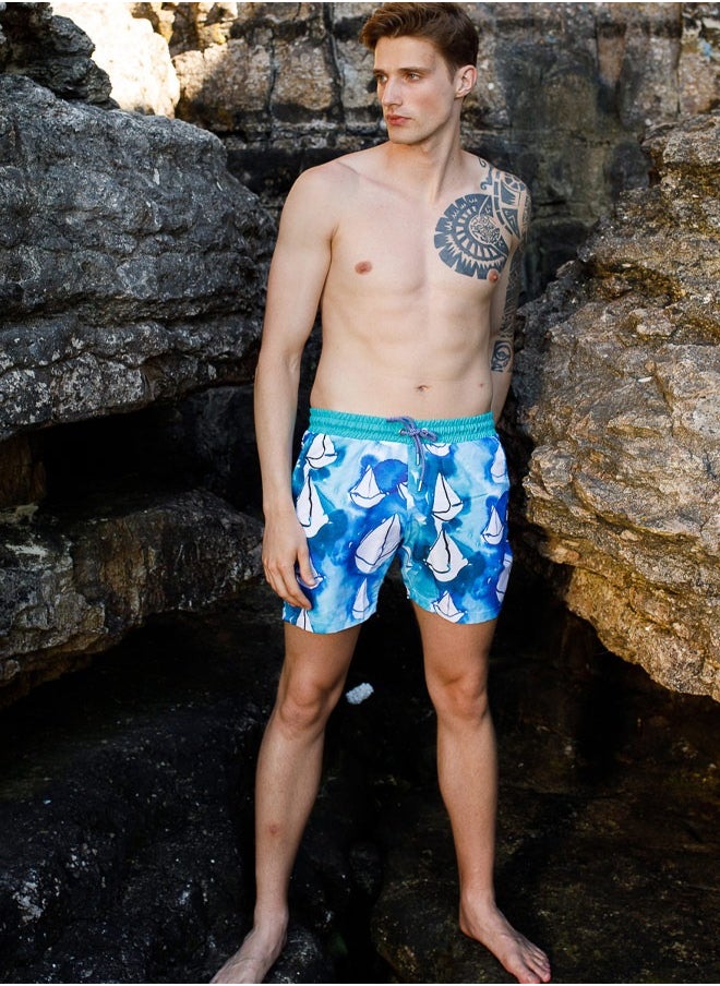 Anemoss - Sailboats Men Swim Shorts with Elastic Drawstring Waistband Small - Image 1