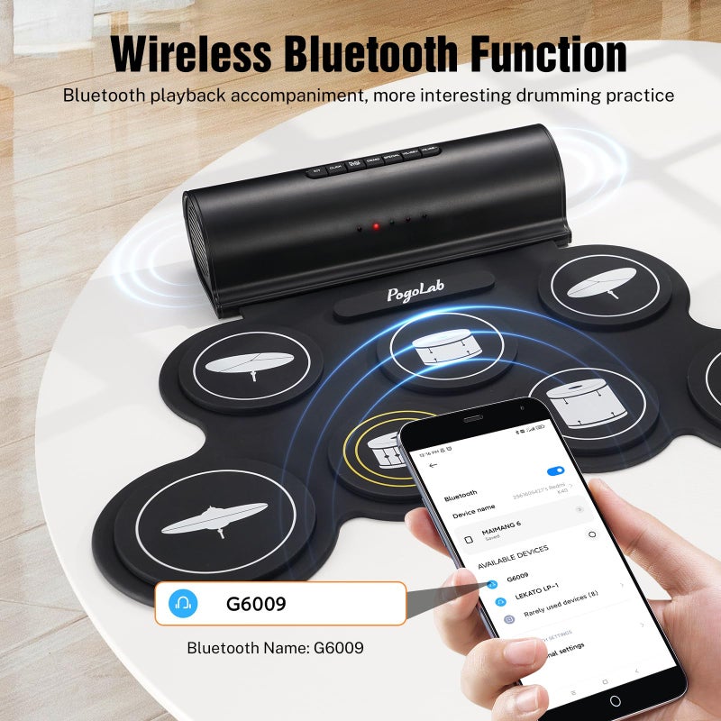 POGOLAB Electronic Drum Set, 7 Pads Roll Up Electric Drum Pad with Wireless Function, Portable Rechargeable Midi Drum Kit with Built-in Speaker/Pedals/Headphone Jack, Great Holiday Gift for Beginner - Image 2