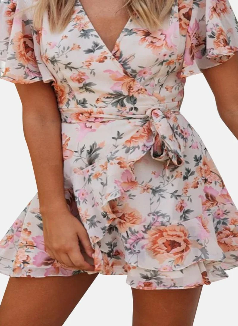 يونيكي White Floral Printed Flutter Sleeves Chiffon Wrap Mini Dress