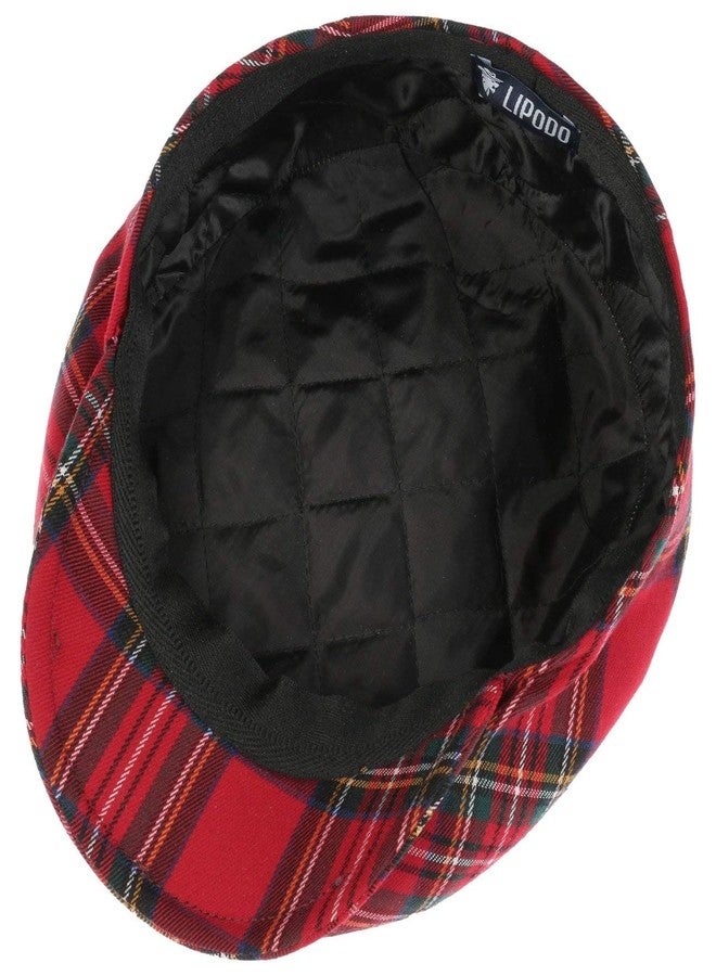 Lipodo Scottish Tartan Flat Cap Made in Italy Men Women Autumn Winter Quilted Lining Checked Pattern Red - Image 5