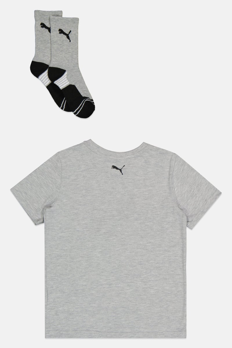 PUMA Kids Boy 2 Pieces Brand Logo T-Shirt With Crew Socks Set, Grey - Image 2