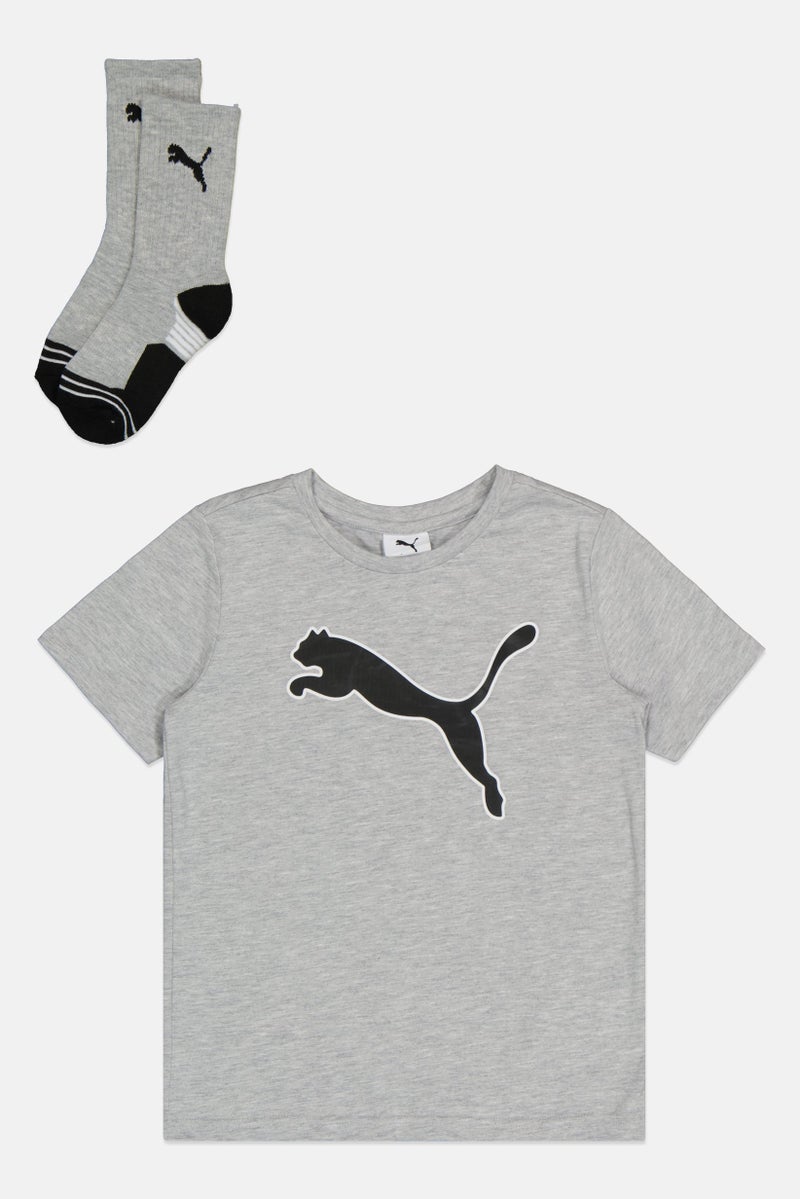 PUMA Kids Boy 2 Pieces Brand Logo T-Shirt With Crew Socks Set, Grey - Image 1