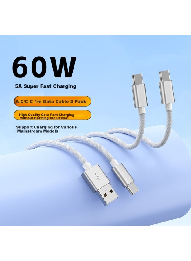 Ky Kangyou Type-C Charging Cable 2-Pack Super Fast Charge 60W Compatible With 66W, For Huawei Xiaomi Apple 15/16, Silver White 1M - Image 1