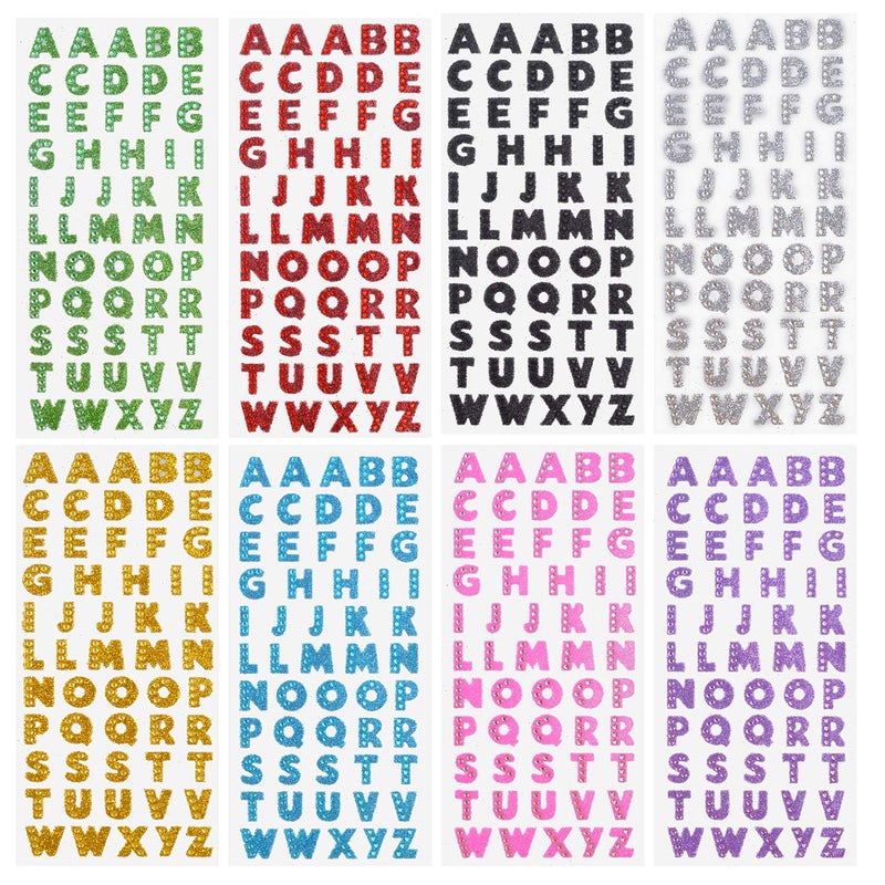 Self Adhesive Glitter Alphabet Stickers 8 Sheets Glitter Crystal Rhinestones Alphabet Letter Stickers A to Z Letter for Grad Cap and Handicraft Art 8 Colors