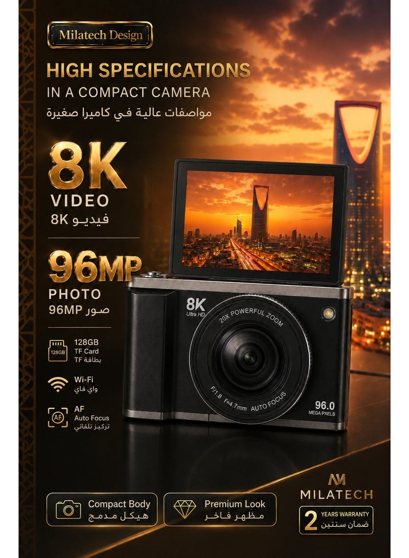 Milatech 8K 96MP Digital Camera with 128GB Memory Card, Autofocus, WiFi, 3.5" 180° Flip Screen, 20X Digital Zoom, Compact Point & Shoot Camera for Photography, Travel, Selfie & Vlogging – Black - Image 3