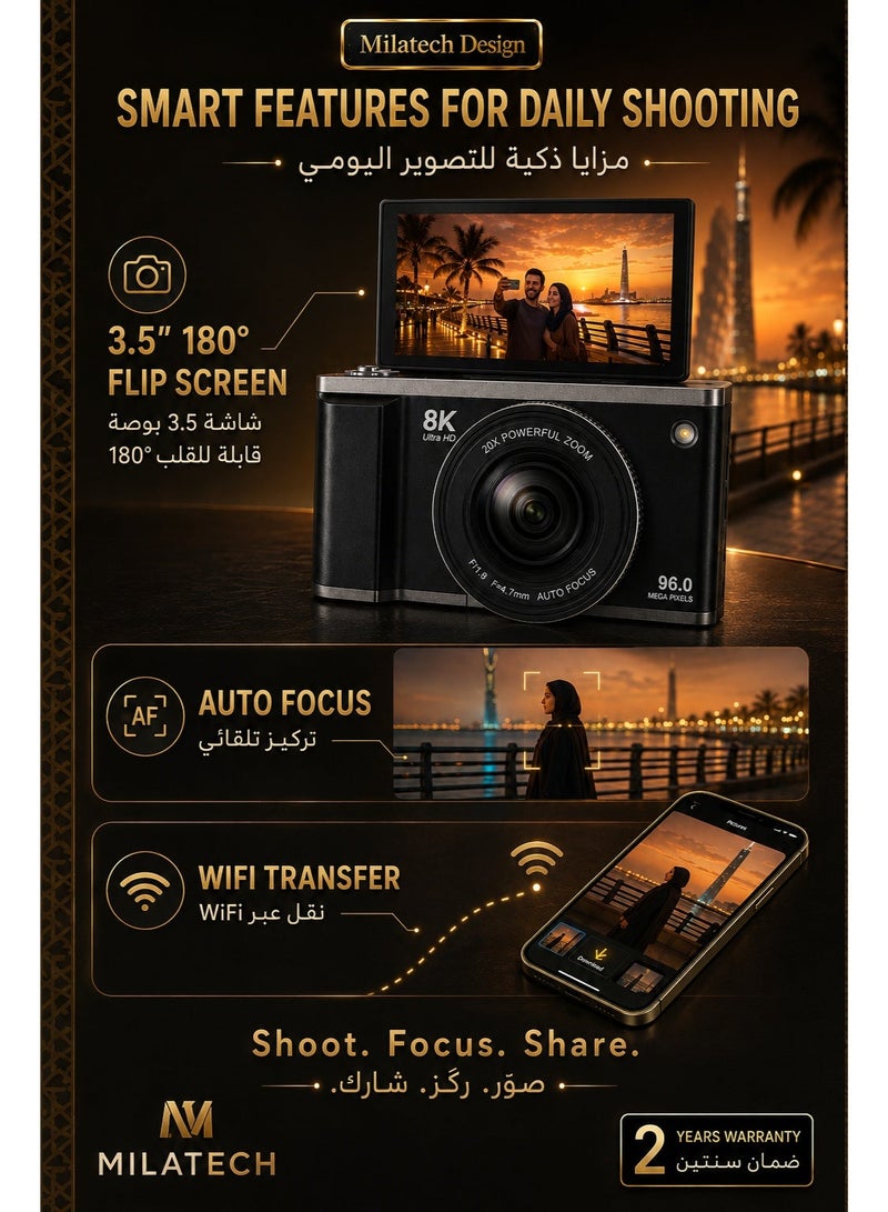 Milatech 8K 96MP Digital Camera with 128GB Memory Card, Autofocus, WiFi, 3.5" 180° Flip Screen, 20X Digital Zoom, Compact Point & Shoot Camera for Photography, Travel, Selfie & Vlogging – Black - Image 5