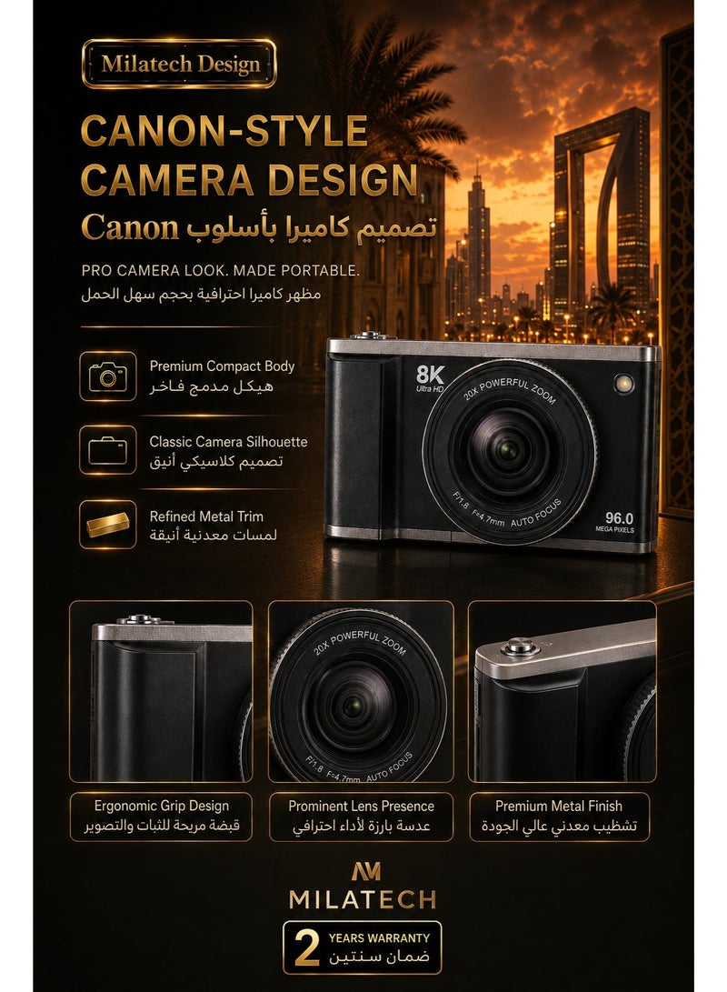 Milatech 8K 96MP Digital Camera with 128GB Memory Card, Autofocus, WiFi, 3.5" 180° Flip Screen, 20X Digital Zoom, Compact Point & Shoot Camera for Photography, Travel, Selfie & Vlogging – Black - Image 4