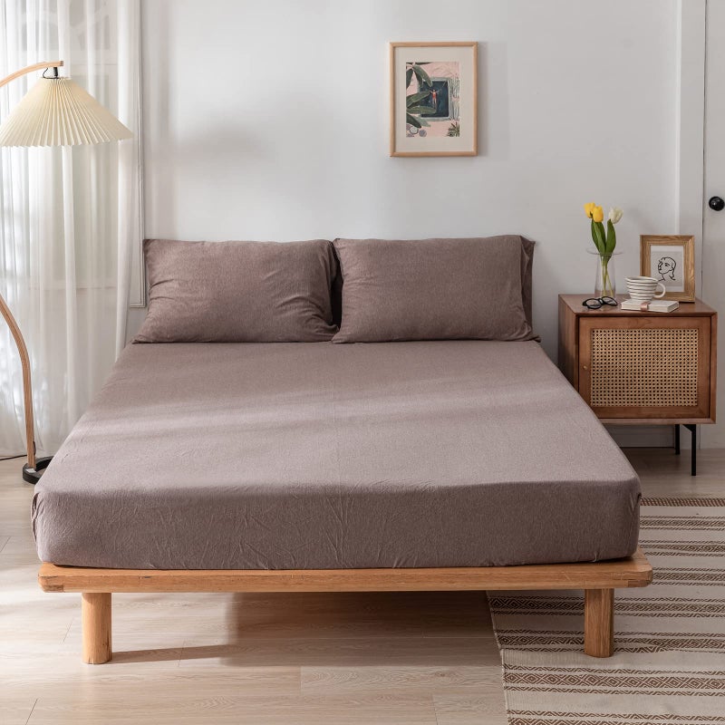 DONEUS Jersey Knit Cotton Fitted Sheet Set 3 Piece King Fitted Sheet and 2 Pillow Cases 15 Deep Pocket Extra Soft and Breathable Winkle Fade Stain Resistant Coffee King