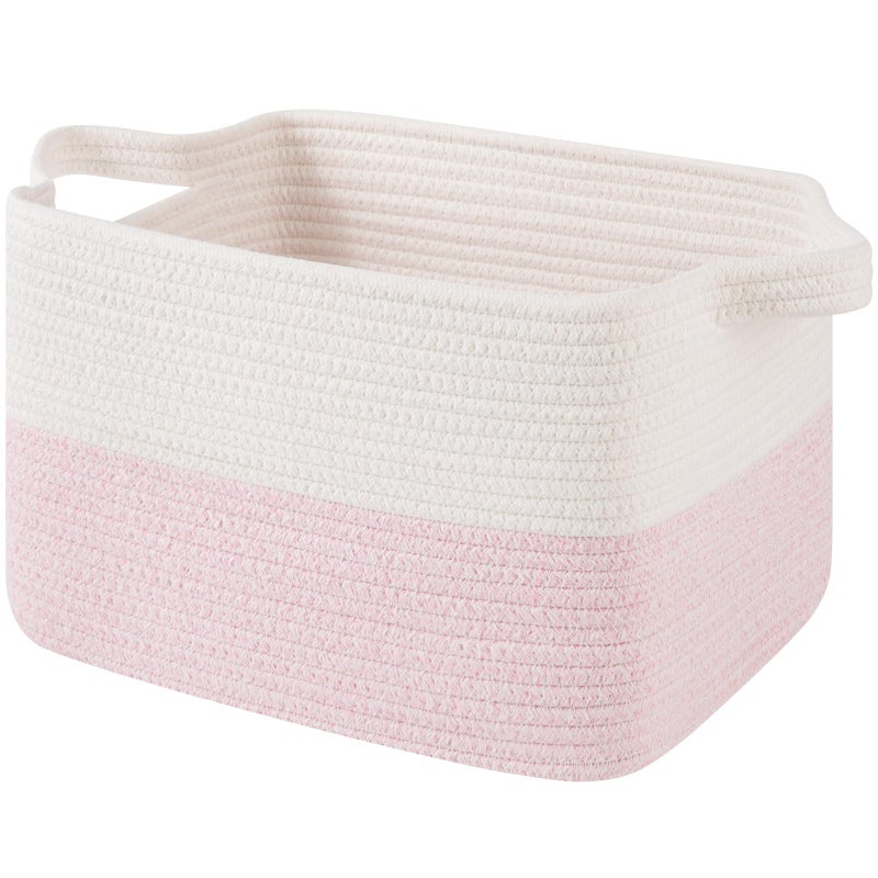 OIAHOMY Woven Storage Basket for Shelves, Rectangle Cotton Rope Baskets for Organizing, 13 x 10 x 9 in, Storage Bins for Dog Toys,Towel,Books,Gift,Pink and White - Image 1