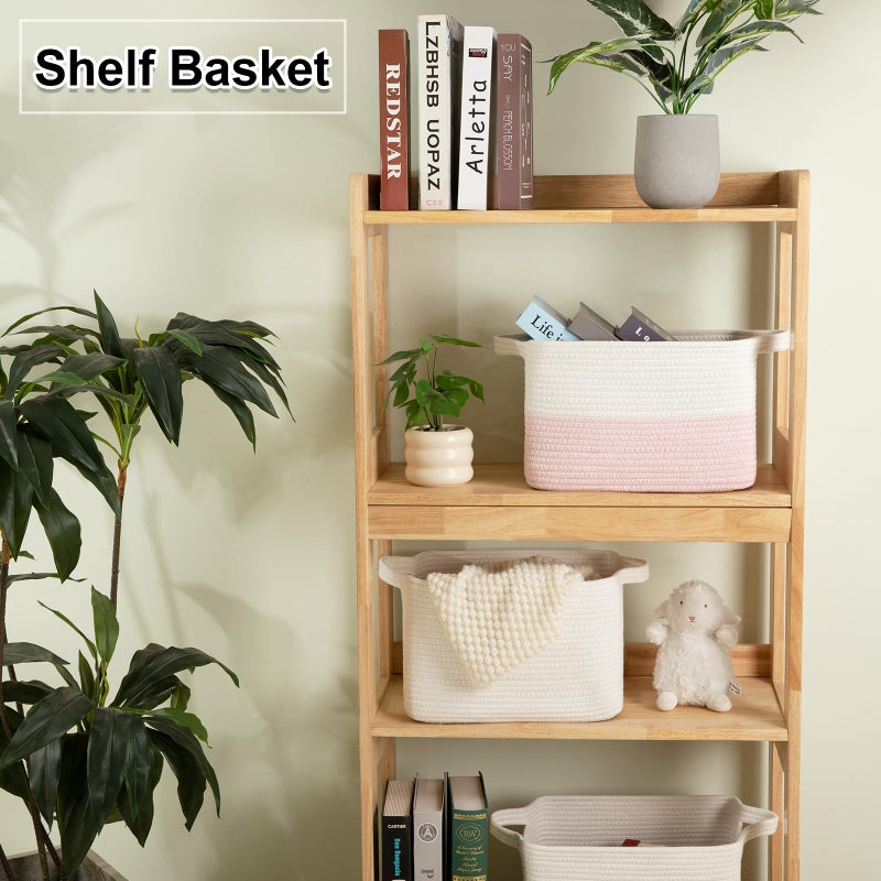 OIAHOMY Woven Storage Basket for Shelves, Rectangle Cotton Rope Baskets for Organizing, 13 x 10 x 9 in, Storage Bins for Dog Toys,Towel,Books,Gift,Pink and White - Image 2