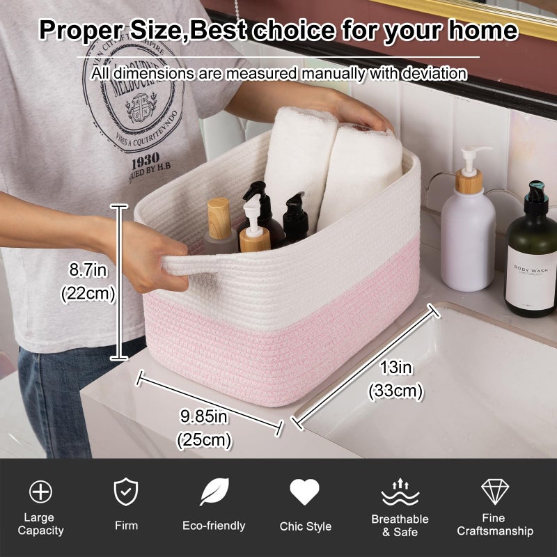 OIAHOMY Woven Storage Basket for Shelves, Rectangle Cotton Rope Baskets for Organizing, 13 x 10 x 9 in, Storage Bins for Dog Toys,Towel,Books,Gift,Pink and White - Image 4