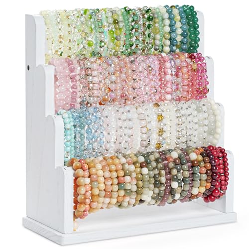 Emfogo Bracelet Holder 4 Tier Bracelet Organizer Storage for Bracelets Bangles Watch Scrunchies Rustic Wood Jewelry Organizer Display for Home Vendors Craft Shows and StoreWhite - Image 1