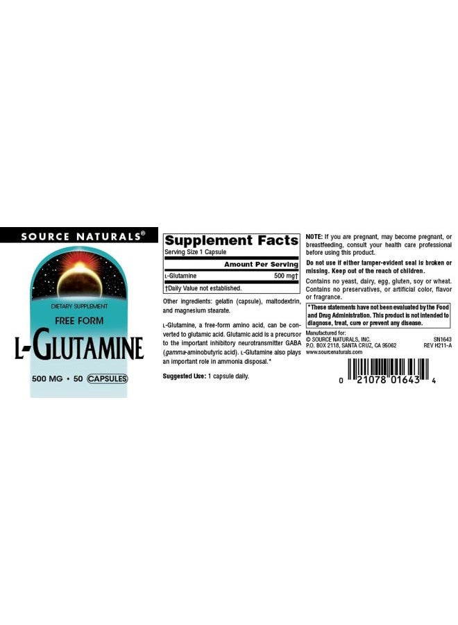 Source Naturals L-Glutamine, Free Form Amino Acid That Supports Metabolic Energy*, 500mg - 50 Capsules - Image 4