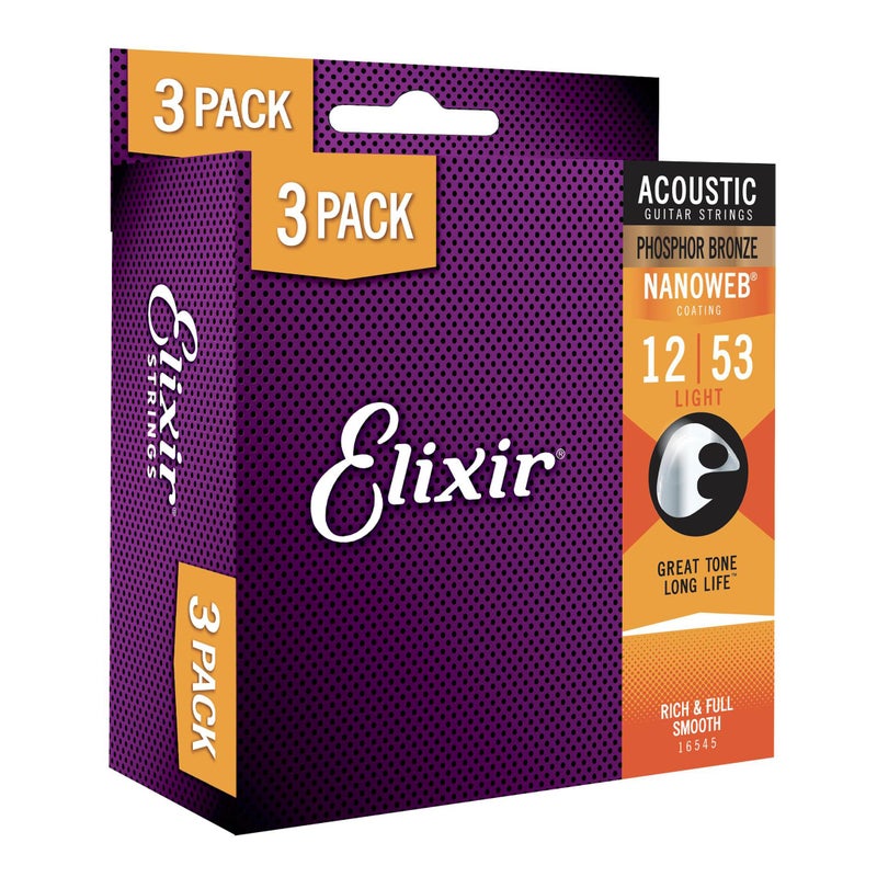Elixir Strings, Acoustic Guitar Strings, Phosphor Bronze with NANOWEB Coating, Longest-Lasting Rich and Full Tone with Comfortable Feel, 6 String Set, 3 Pack, Light 12-53 - Image 1