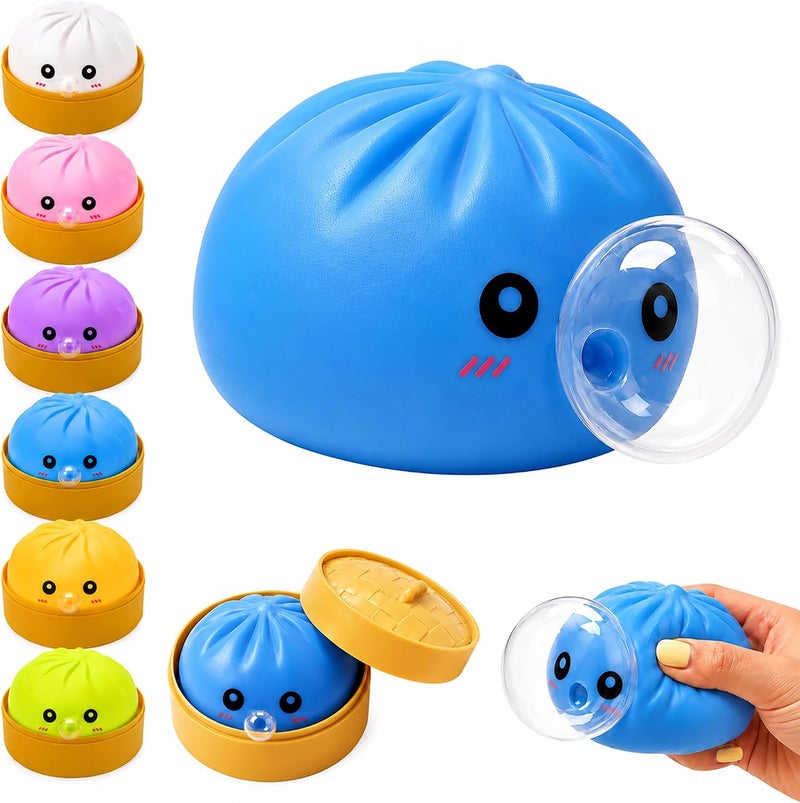 لعبة كيلارا الزرقاء القابلة للعصر على شكل زلابية – كرة ضغط لطيفة على شكل باو بن مع أداة بخاخ طعام، لعبة حسية لتخفيف التوتر والقلق - Image 2