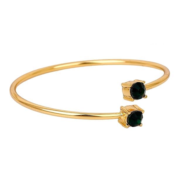 Estele 24 Kt Gold Plated Non-Precious Metal Brass Emerald Solitaire Twin Cuff Bracelet for Women - Image 3