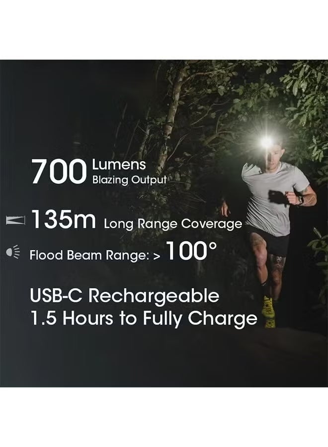 نايت كور مصباح راس للتخييم 700 لومن من ان يو 33، قابل لاعادة الشحن بمنفذ USB-C، خفيف الوزن مع ملصق LED ابيض واحمر للقراءة - Image 2