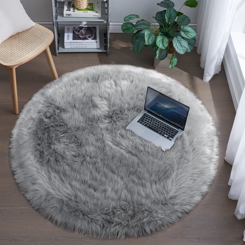 Tangsoo Round Faux Fur Rugs Sheepskin Round Rug 3ft Grey Soft Small Circle Rug 3x3 Fuzzy Plush Fur Rug Shag Circular Rug Floor Carpet for Bedroom Kids Room Nursery Girls Room Dorm