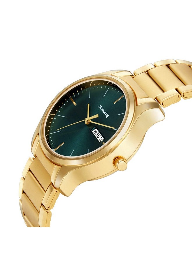 Sonata Quartz Analog with Day and Date Green Dial Stainless Steel Strap Watch for Men-NS77082YM05W - Image 3
