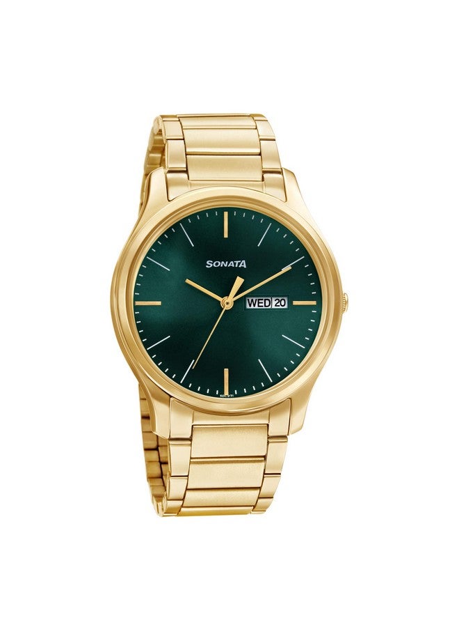 Sonata Quartz Analog with Day and Date Green Dial Stainless Steel Strap Watch for Men-NS77082YM05W - Image 1