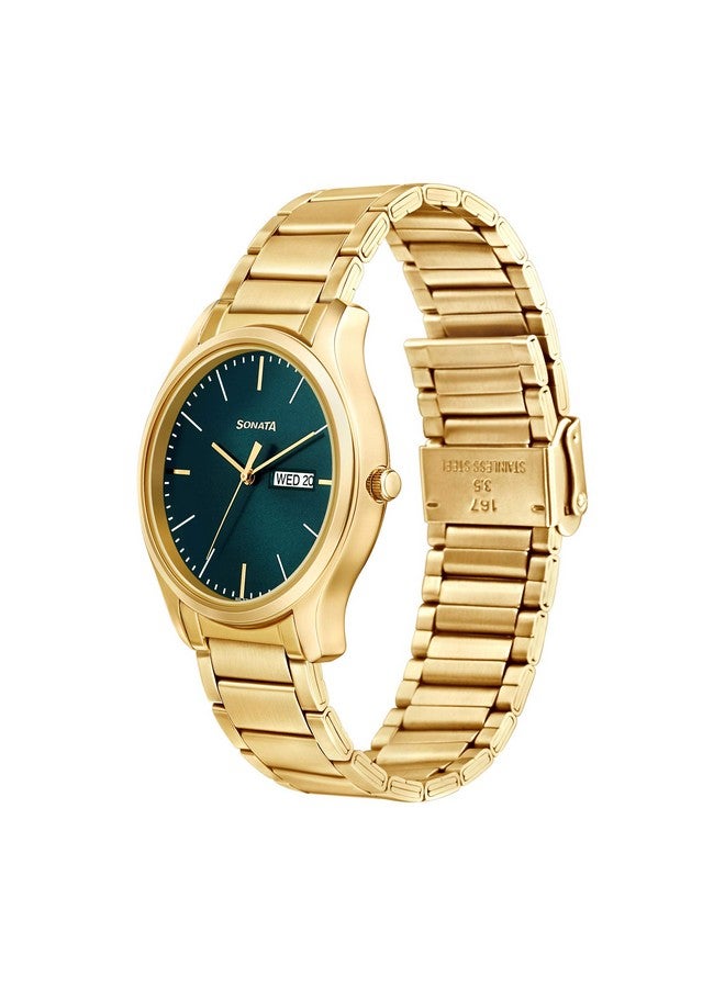 Sonata Quartz Analog with Day and Date Green Dial Stainless Steel Strap Watch for Men-NS77082YM05W - Image 2