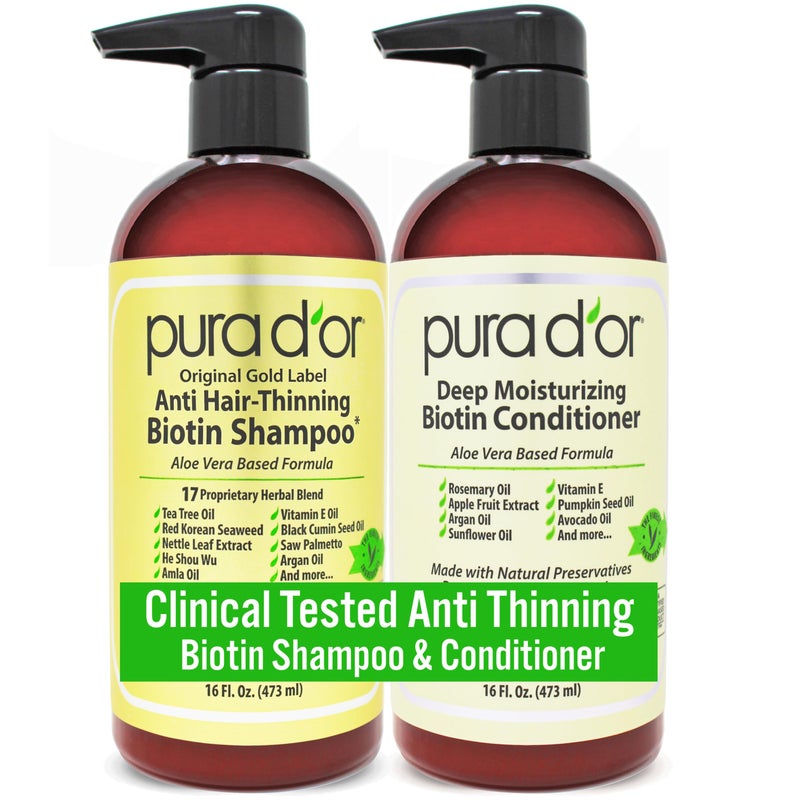 Pura d'or PURA D'OR Anti-Thinning Biotin Shampoo & Deep Moisturizing Conditioner Original Gold Label Set (16oz x2) Natural Earthy Scent, CLINICALLY TESTED Effective Results, DHT Blocker Thickening, Women & Men - Image 1