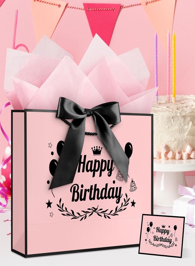 YoungTree Happy Birthday Gift Bag with Tissue Papers and Greeting Card Ribbon,Portable Paper Gift Bags with Handles,Pink Black Present Bags for Happy Birthday Decorations Supplies 12.6" x 8.6" x 4.3" - Image 2