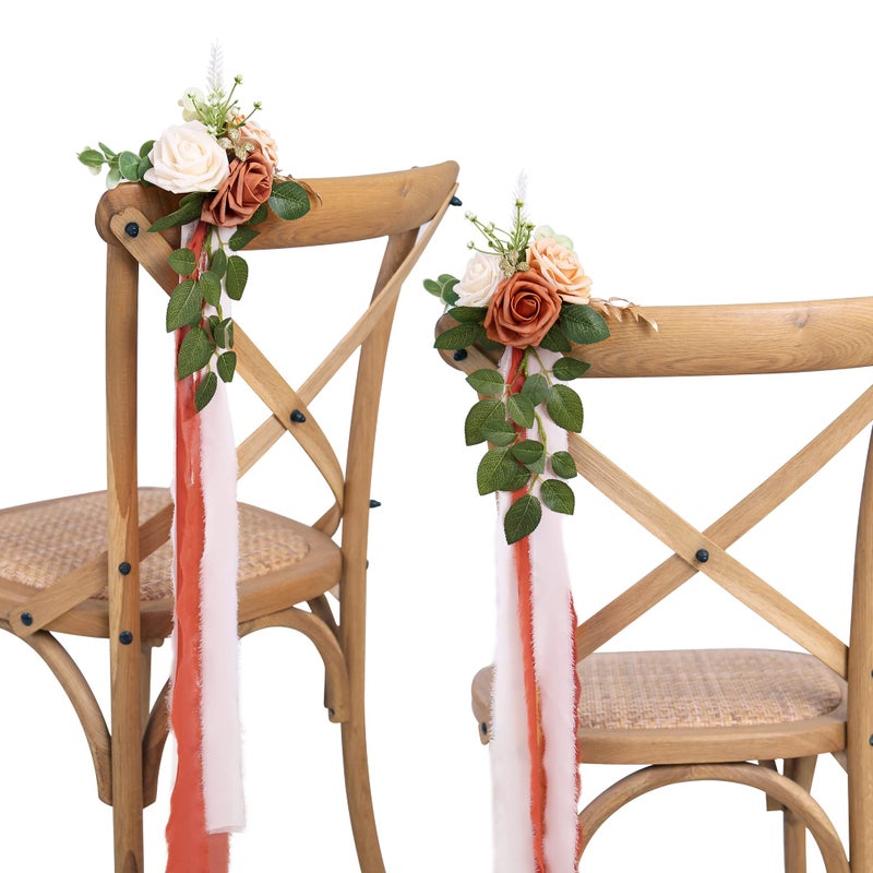 DreamBuilt Wedding Aisle Decorations for Wedding Ceremony Set of 10 Pew Flowers for Church Chair Decorations Party Decor with Artificial Flowers Eucalyptus and Ribbons Terracotta