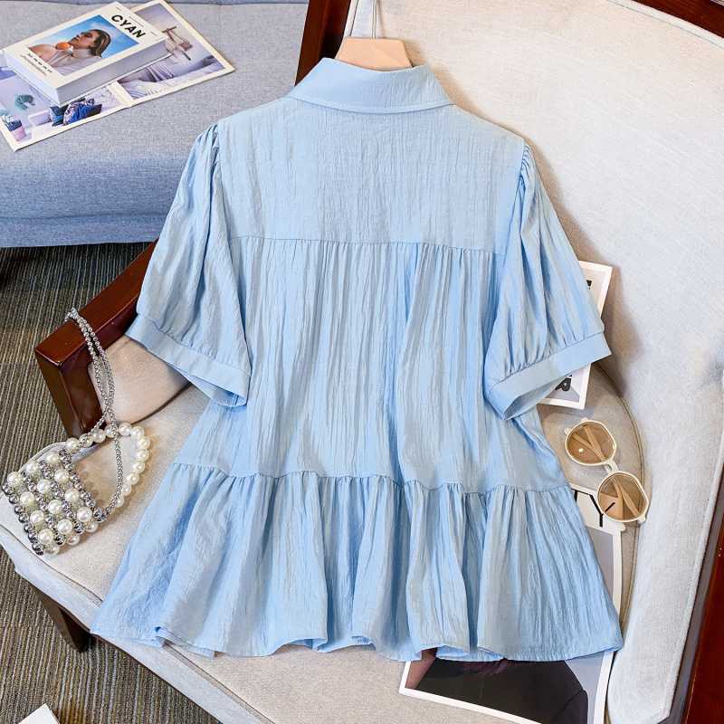 Real S Of Plus Size Women'S Polo Collar Short-Sleeved Baby Shirt Women'S Summer Loose Puff Sleeves Belly-Covering Waist Shirt Top - Image 5