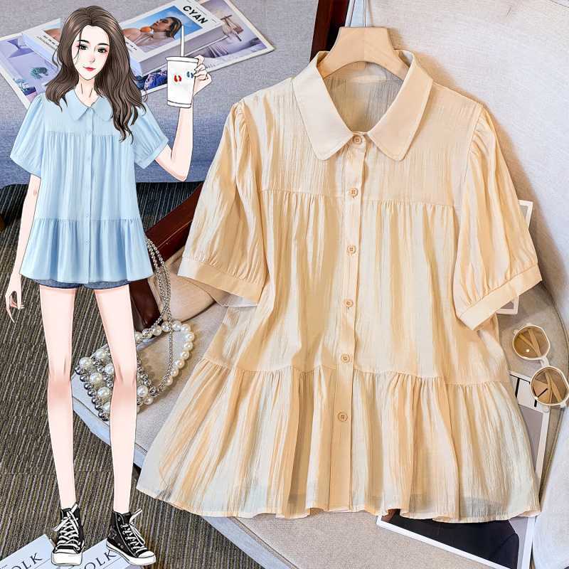 Real S Of Plus Size Women'S Polo Collar Short-Sleeved Baby Shirt Women'S Summer Loose Puff Sleeves Belly-Covering Waist Shirt Top - Image 4