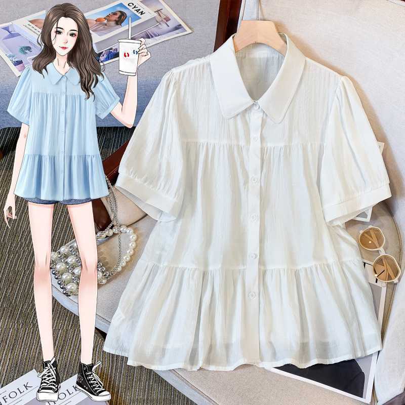 Real S Of Plus Size Women'S Polo Collar Short-Sleeved Baby Shirt Women'S Summer Loose Puff Sleeves Belly-Covering Waist Shirt Top - Image 2