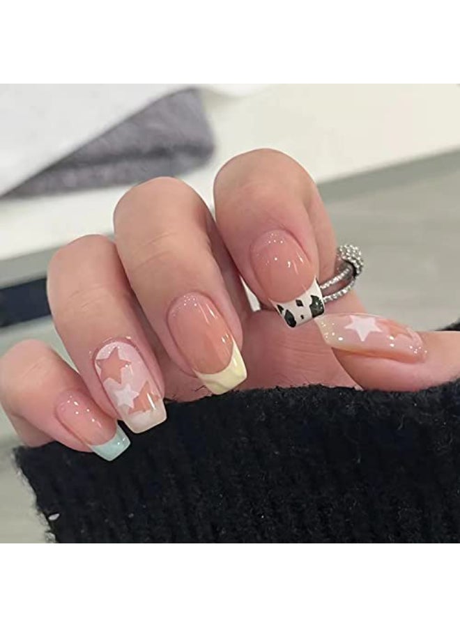 Onsdag French Tip Press on Nail Short Coffin Square Shape Full Cover Reusable False Nails with Glue Artificial Fingernail Acrylic Fake Nails for Women Glue On Nails with Designs Stick on Nails with Charm - Image 1