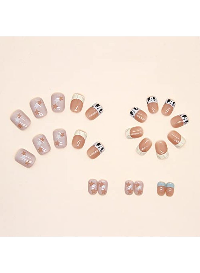 Onsdag French Tip Press on Nail Short Coffin Square Shape Full Cover Reusable False Nails with Glue Artificial Fingernail Acrylic Fake Nails for Women Glue On Nails with Designs Stick on Nails with Charm - Image 3