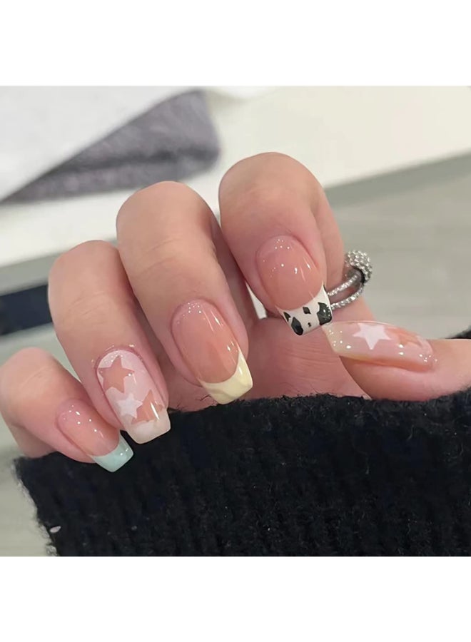 Onsdag French Tip Press on Nail Short Coffin Square Shape Full Cover Reusable False Nails with Glue Artificial Fingernail Acrylic Fake Nails for Women Glue On Nails with Designs Stick on Nails with Charm - Image 2