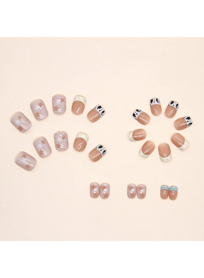 Onsdag French Tip Press on Nail Short Coffin Square Shape Full Cover Reusable False Nails with Glue Artificial Fingernail Acrylic Fake Nails for Women Glue On Nails with Designs Stick on Nails with Charm - Image 4