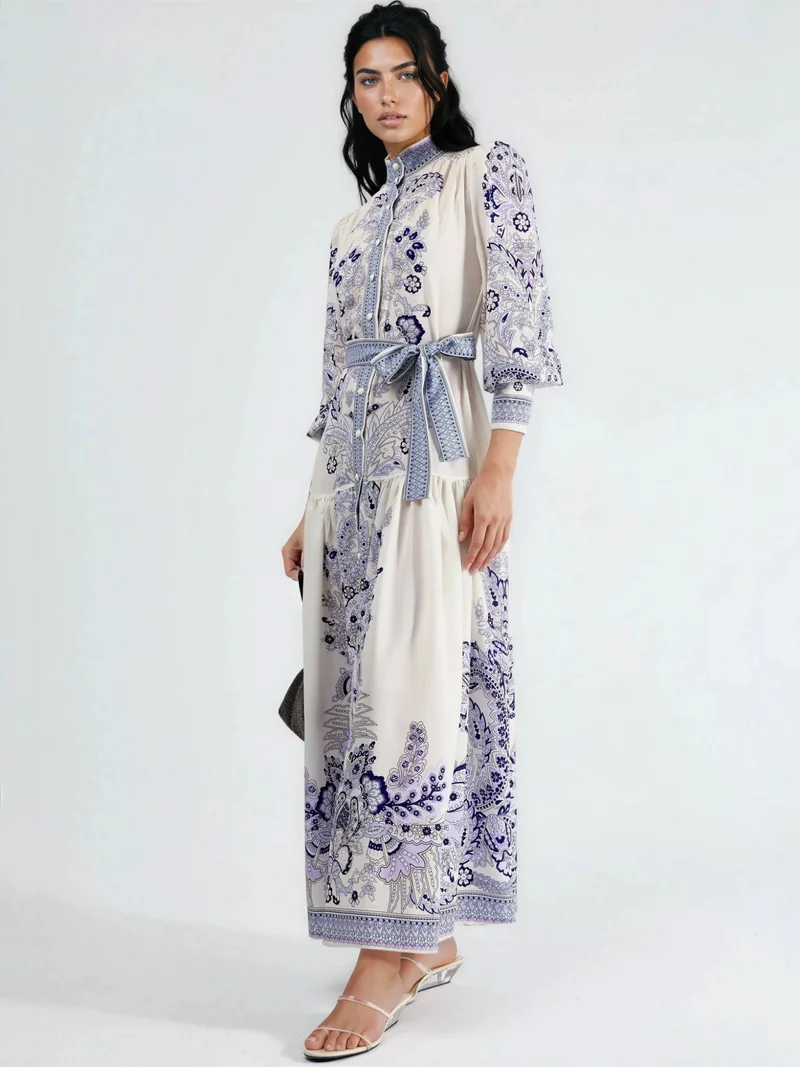 جينيفر Maxi Dress with Mandarin Collar and Belt
