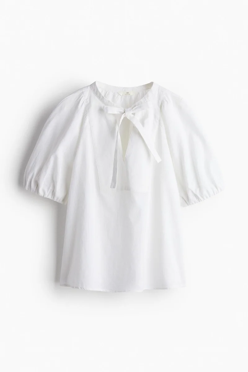 H&M Linen-blend tie-neck blouse