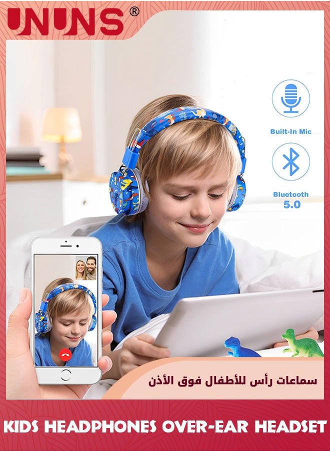UNUNS Bluetooth Kids Headphones With Mic,Cartoon Wireless Headsets,85dB Volume Limited Hearing Protection,Stereo Over-Ear Headphones For Boys Girls,For Cellphones Tablet School Travel,Blue Dinosaur  - Image 1