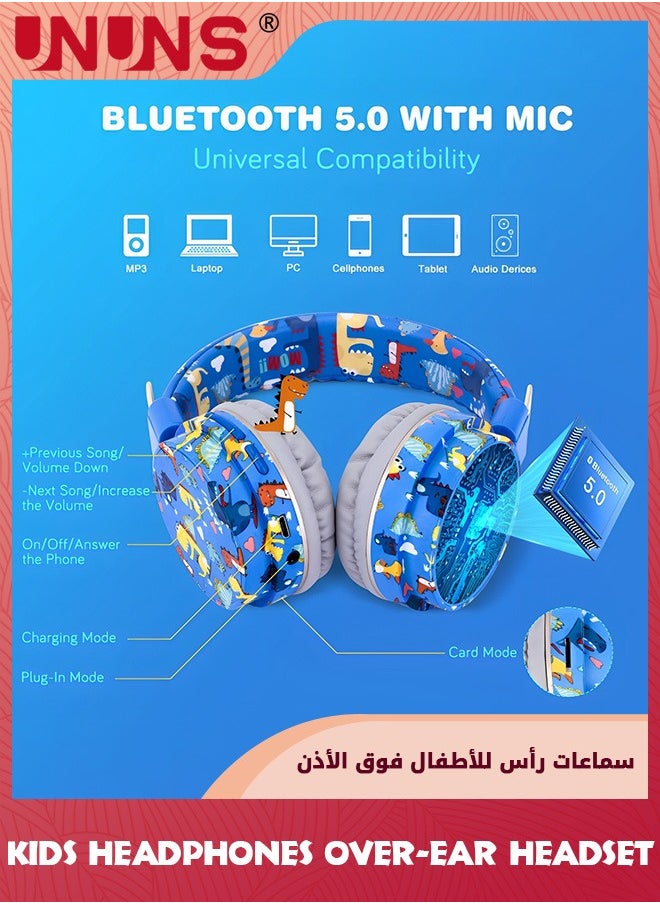 UNUNS Bluetooth Kids Headphones With Mic,Cartoon Wireless Headsets,85dB Volume Limited Hearing Protection,Stereo Over-Ear Headphones For Boys Girls,For Cellphones Tablet School Travel,Blue Dinosaur  - Image 4