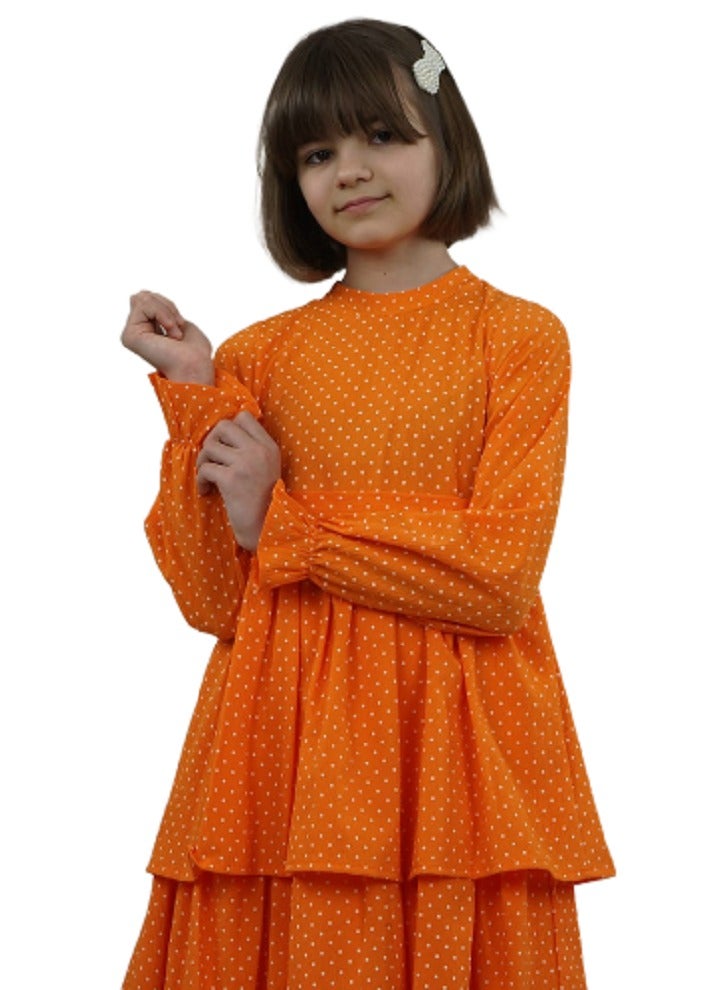 Lamora Young Girls Long-Sleeved Elastic Loose-Fitting Polka Dot Maxi Dress with Round Neck Layered Details Details, for Summer - Orange - Image 1